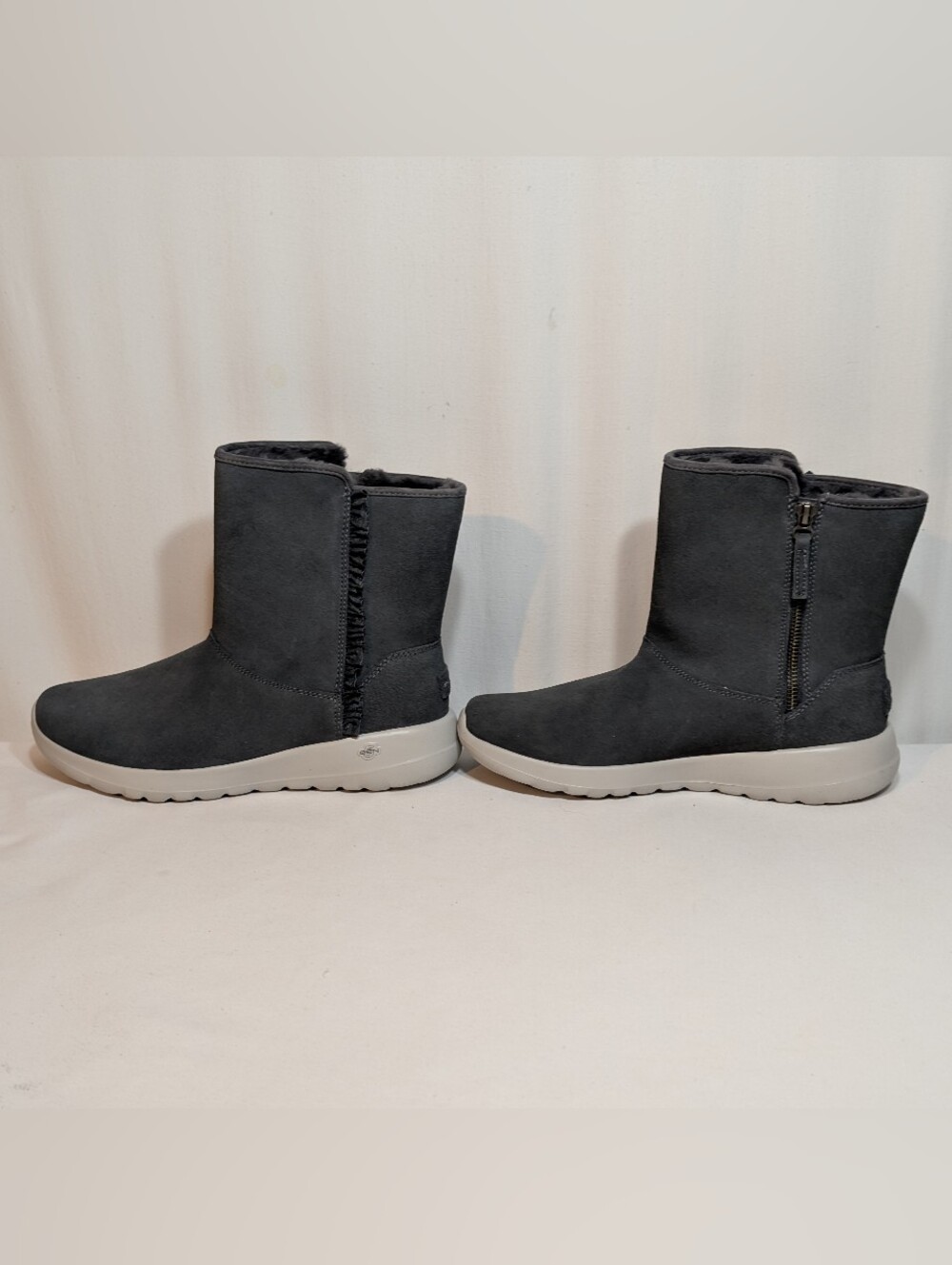 Skechers On-the-Go Joy Snowflake Ruffle Boots Suede Winter Gray Grey Boot Shoe 9
